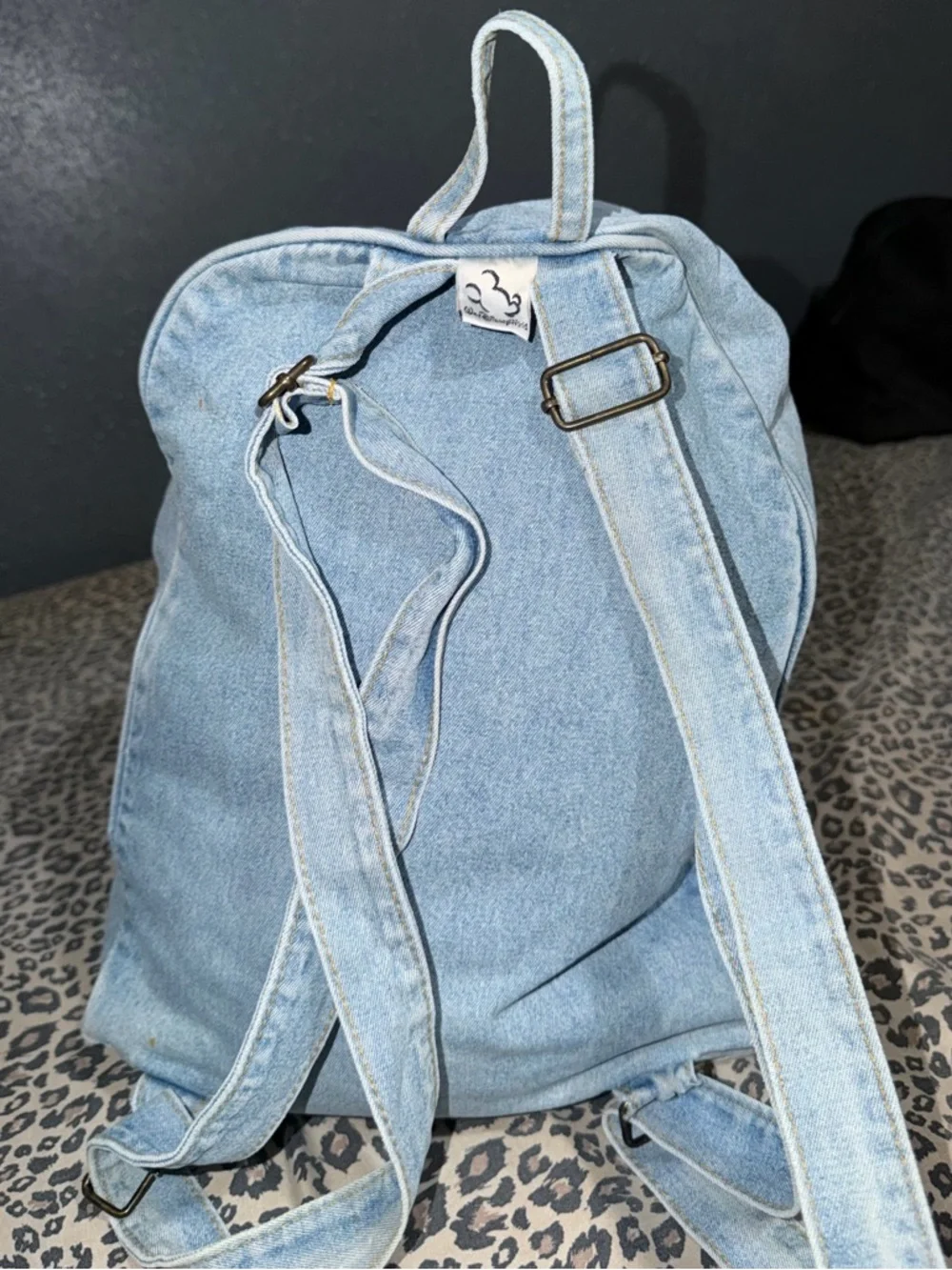Disney Light Blue Denim Backpack with Mickey, Donald, Goofy & Pluto Patch